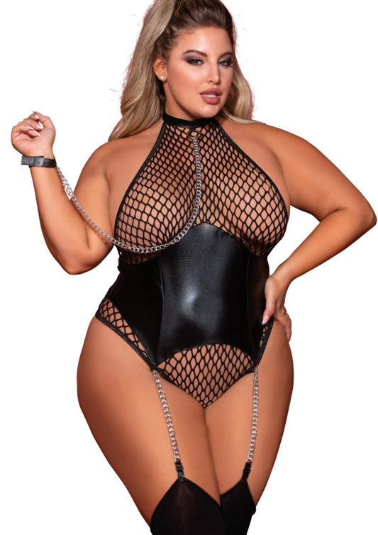 Corset-Style Halter Teddy with Attached Collar & Chain Leash - Plus Size