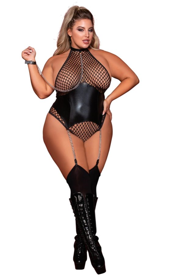 Corset-Style Halter Teddy with Attached Collar & Chain Leash - Plus Size