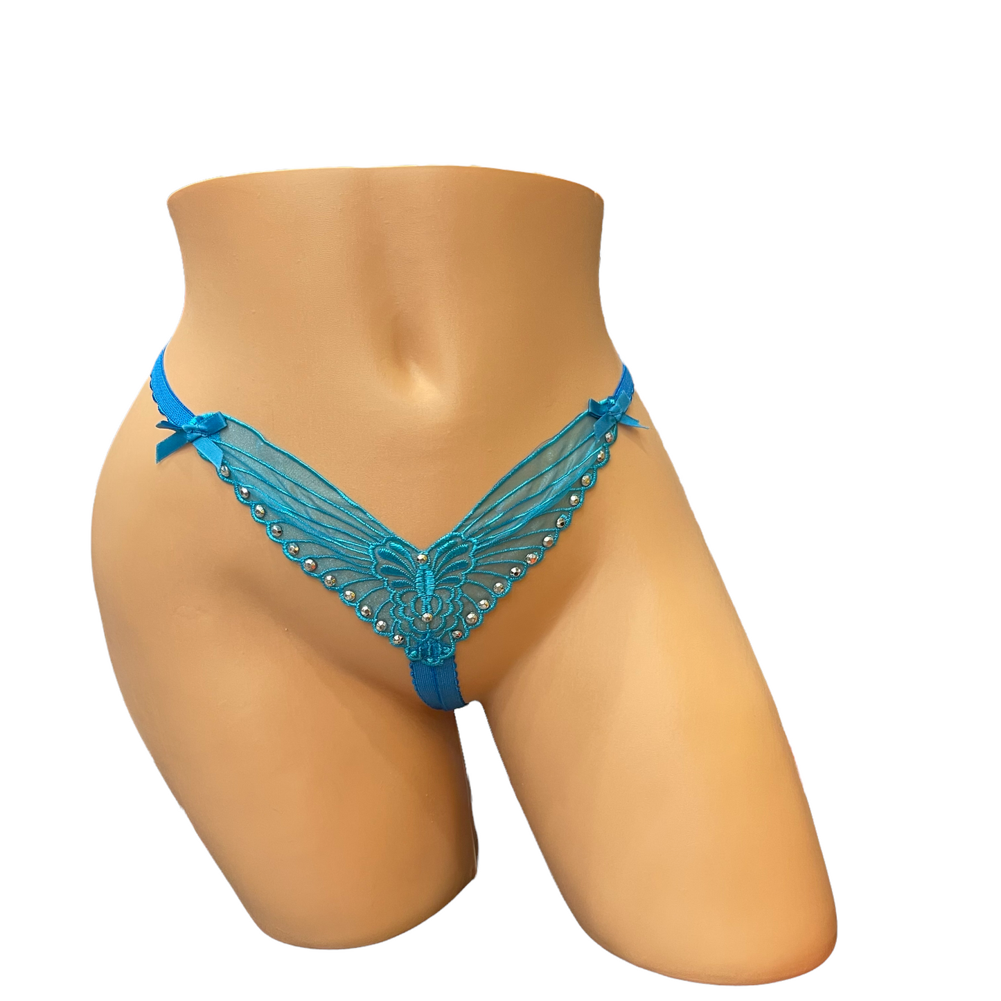 Blue Embroidered Butterfly Thong With Rhinestones- Crotchless