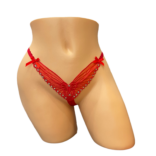 Red Embroidered Butterfly Thong With Rhinestones- Crotchless