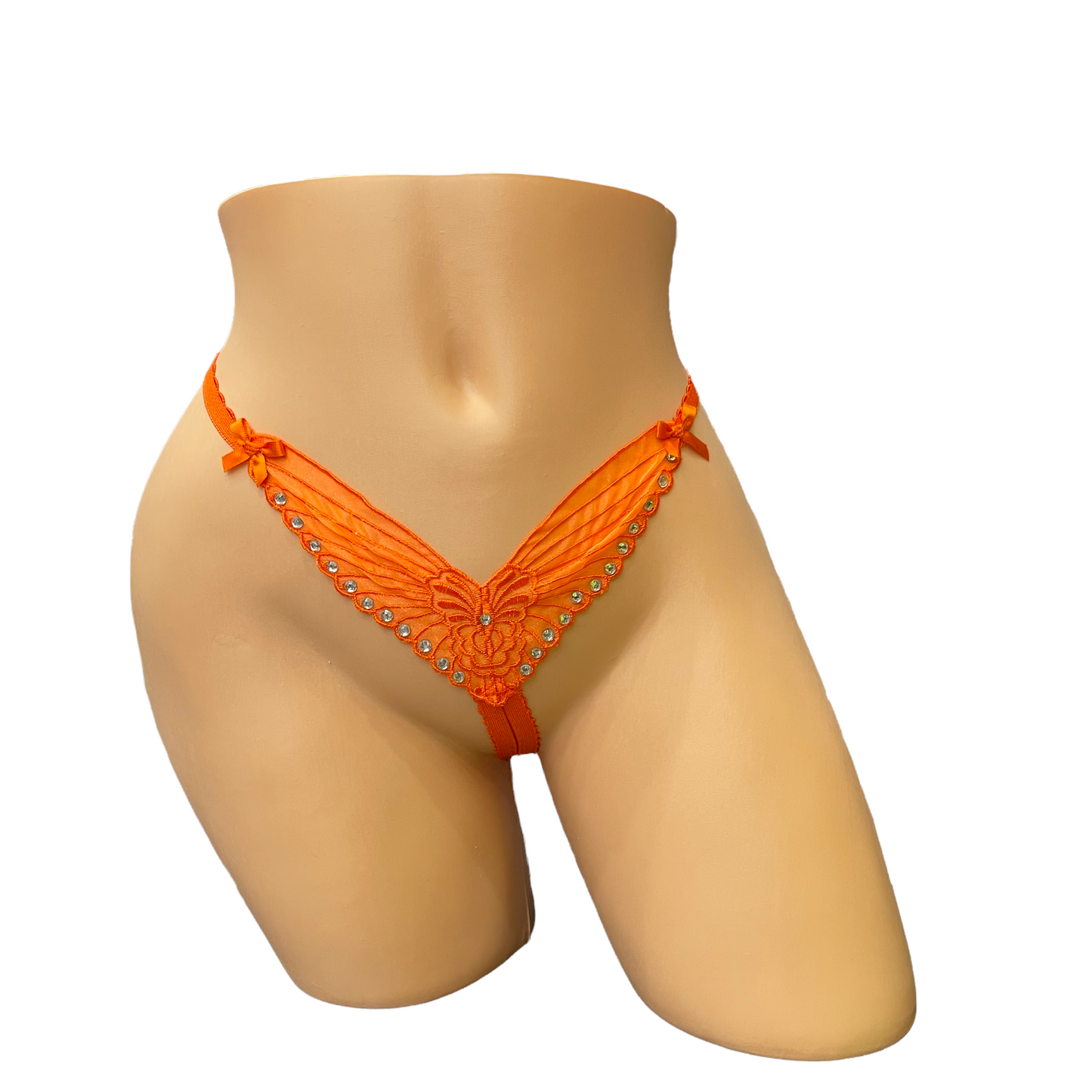 Orange Embroidered Butterfly Thong With Rhinestones- Crotchless